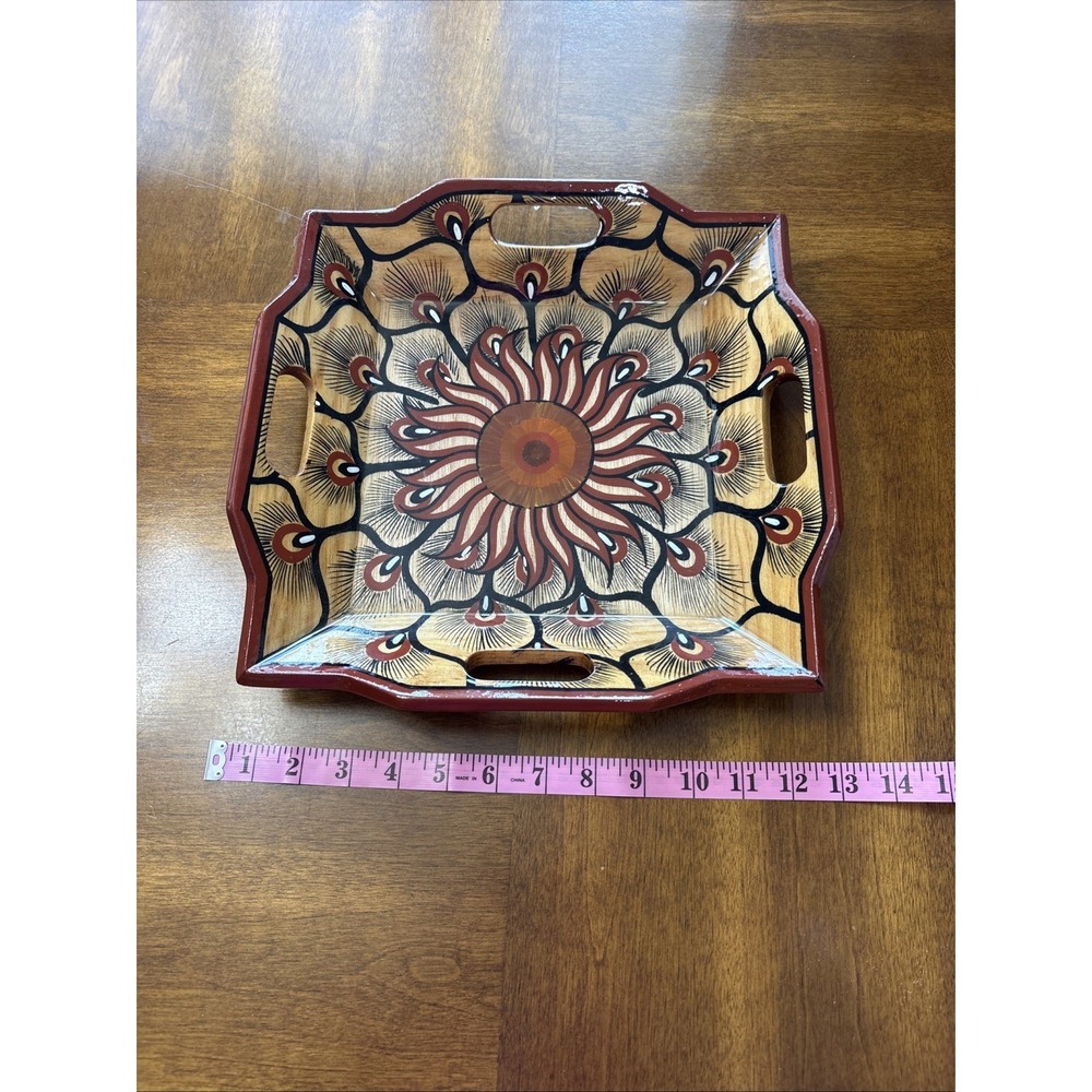 Handmade Wooden Tray With All Side Handles 12x12x 3 Inch Zihuatanejo Mexico